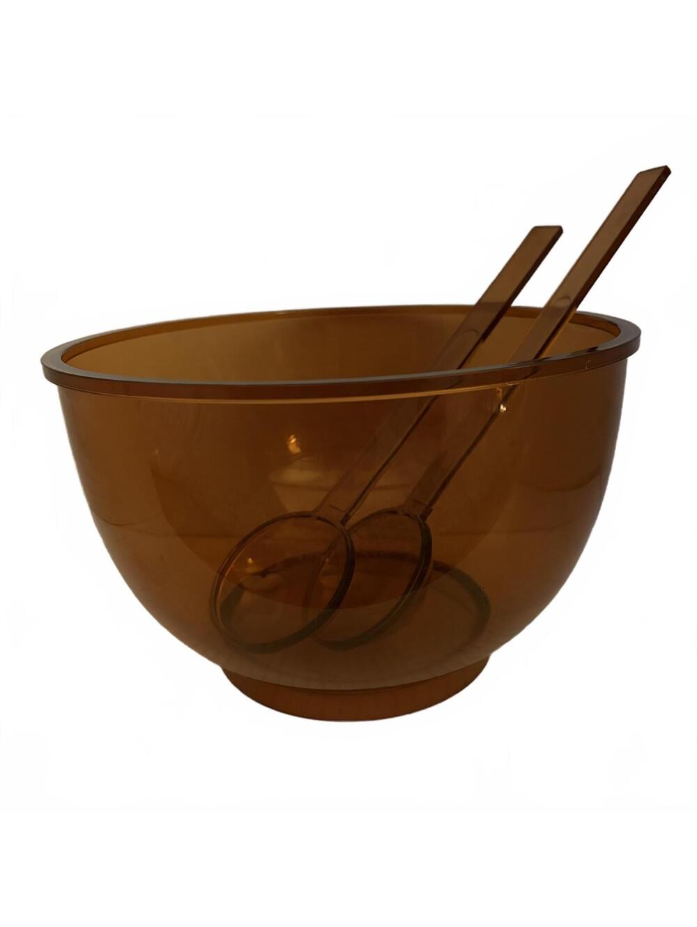 Vintage Dansk Designs amber acrylic salad bowl with serving utensils. - Picture 4 of 16